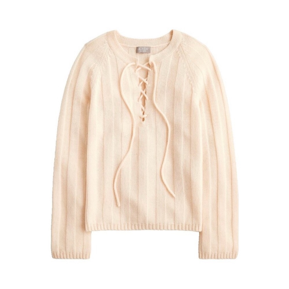 J. Crew Collection Lace Up Sweater 100% Cashmere Cream  Ribbed S NWT *flaw - Picture 2 of 14